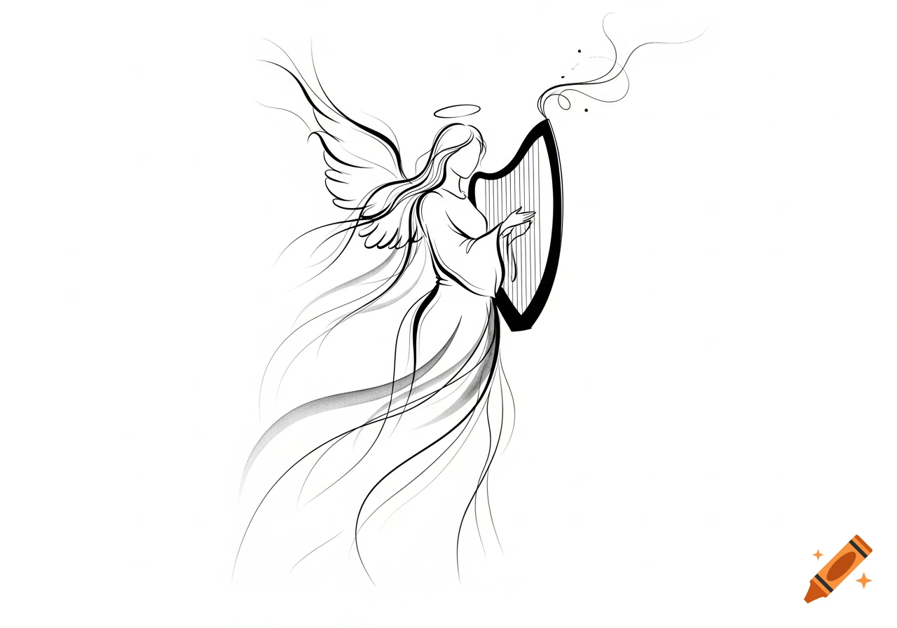 Abstract black and white line art drawing of an angel playing a harp with flowing lines.