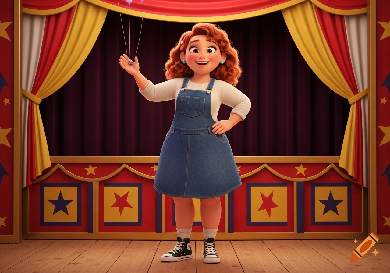 A joyful animated woman with red curly hair in a denim jumper dress stands on a star-patterned puppet stage, holding strings.
