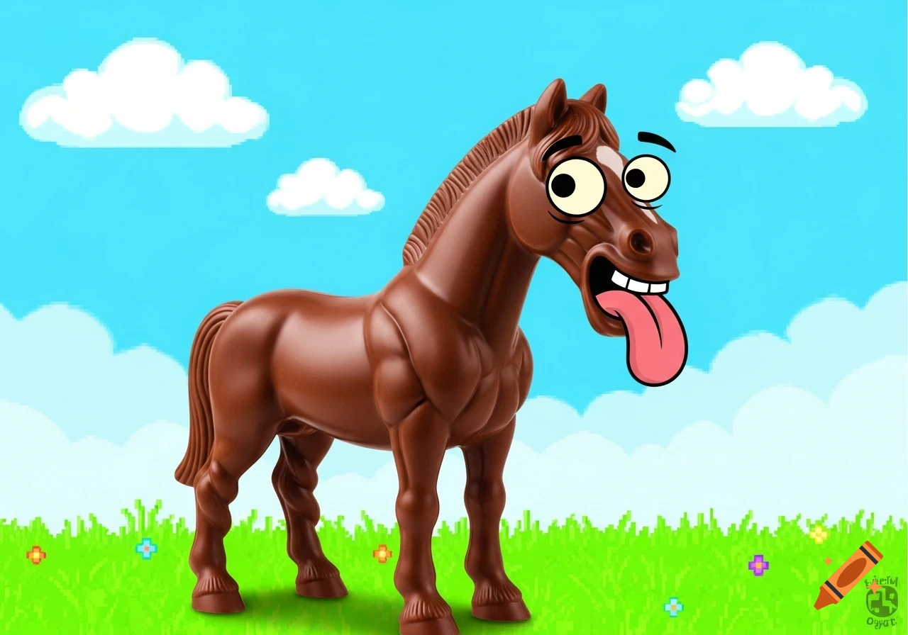 Brown horse toy with cartoonishly wide eyes and tongue sticking out in a pixelated field under a blue sky.
