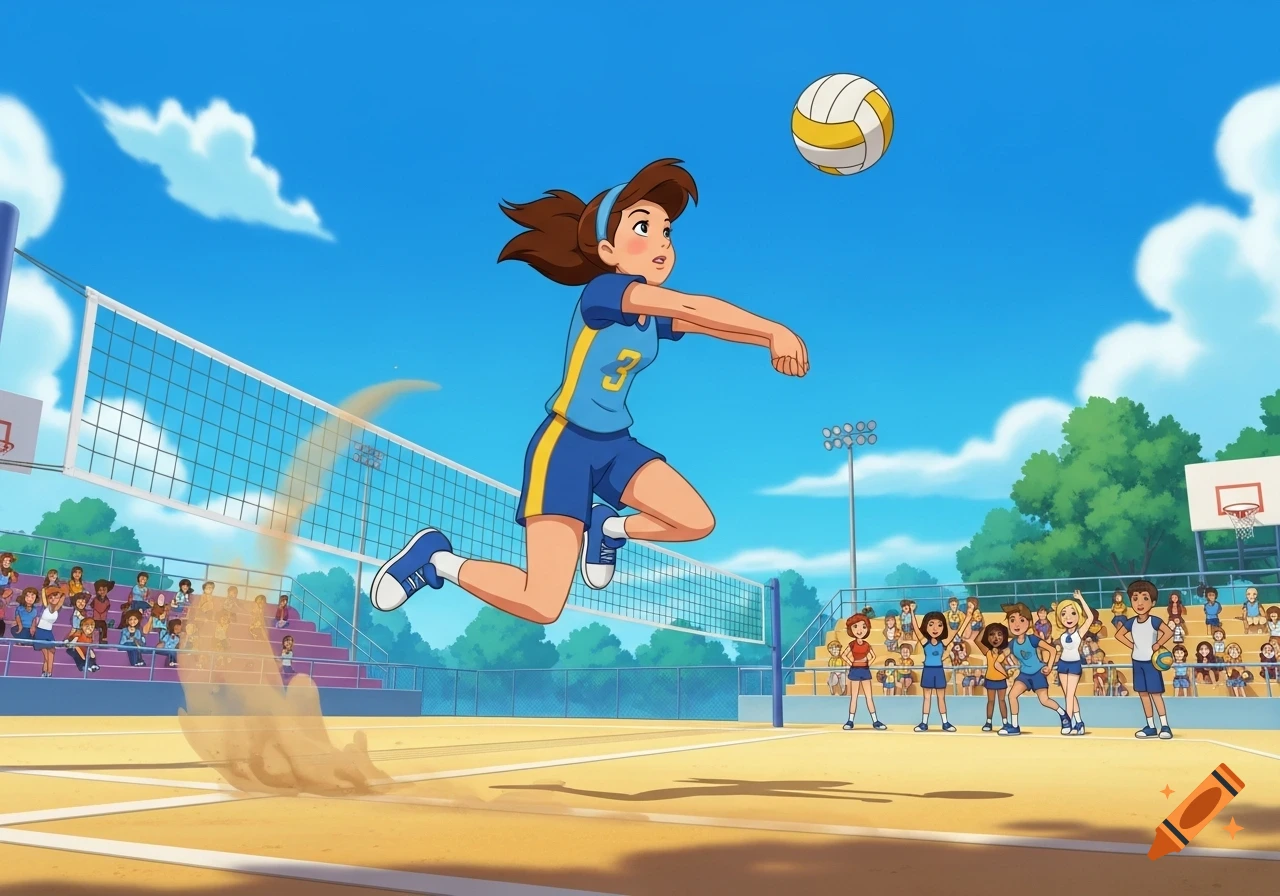 A cartoon girl in a blue uniform jumps to hit a volleyball over a net on an outdoor court with spectators.