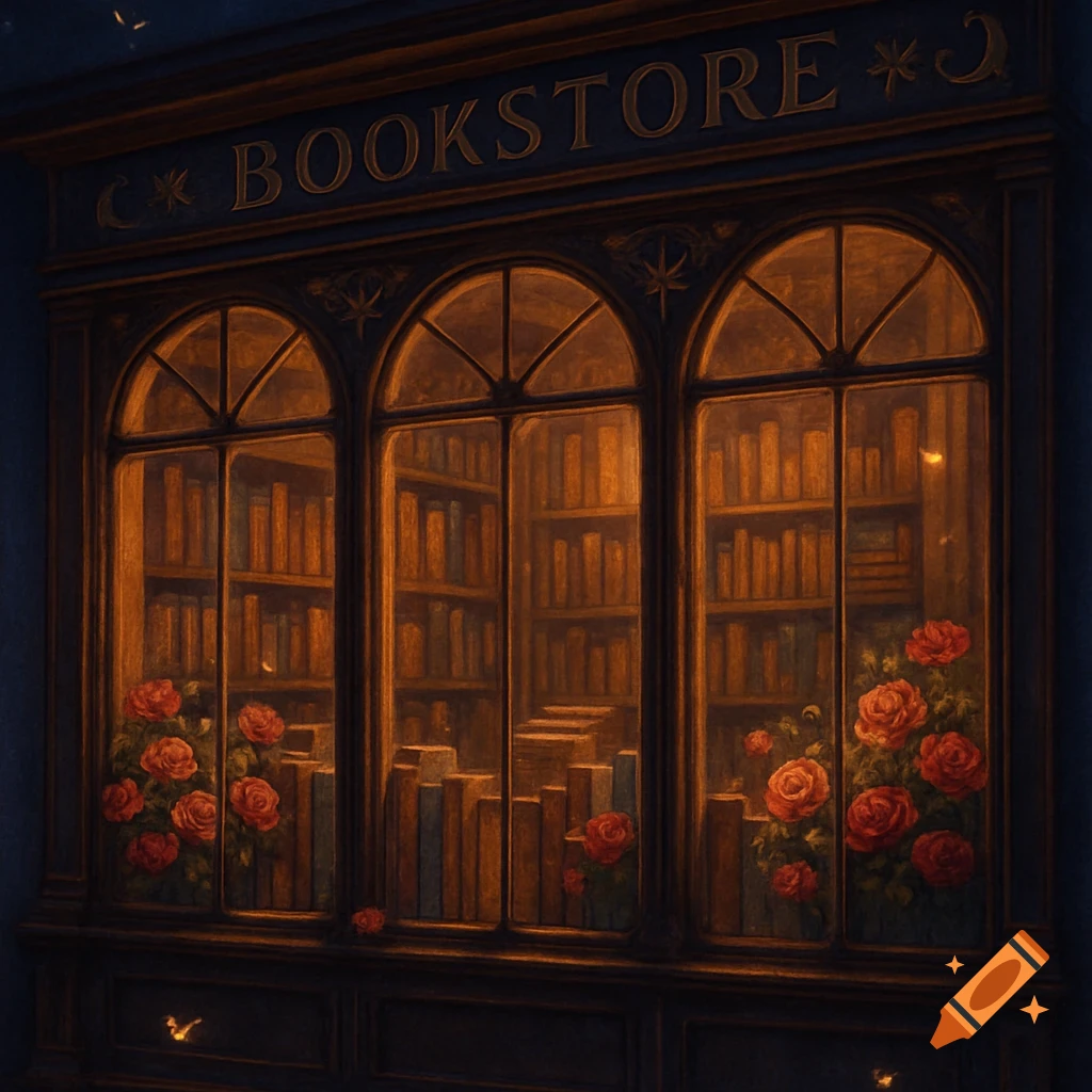 A cozy bookstore at night with warmly lit windows displaying books and red roses, celestial carvings above.