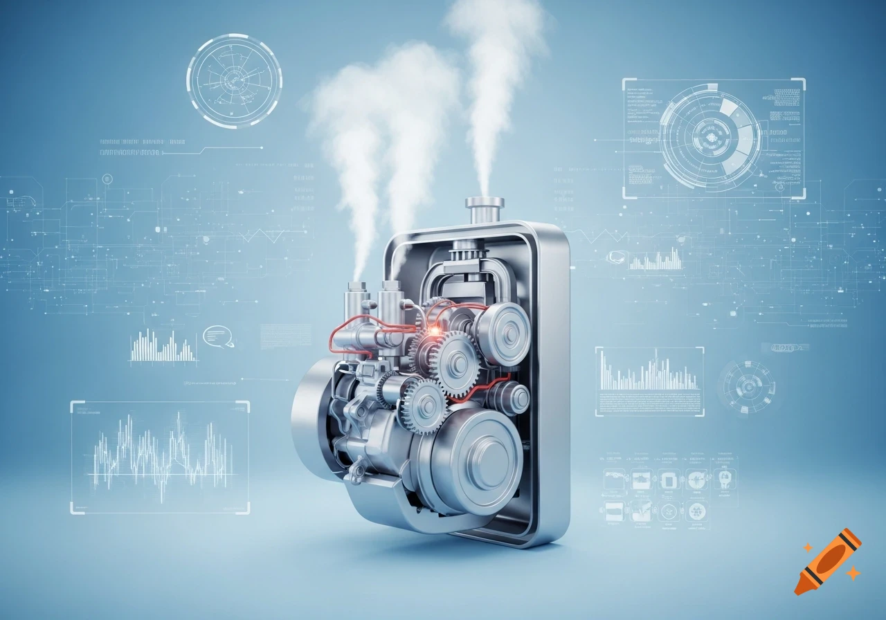 Cutaway view of a detailed silver machine with gears and pipes, emitting steam, on a light blue background with futuristic holographic UI.