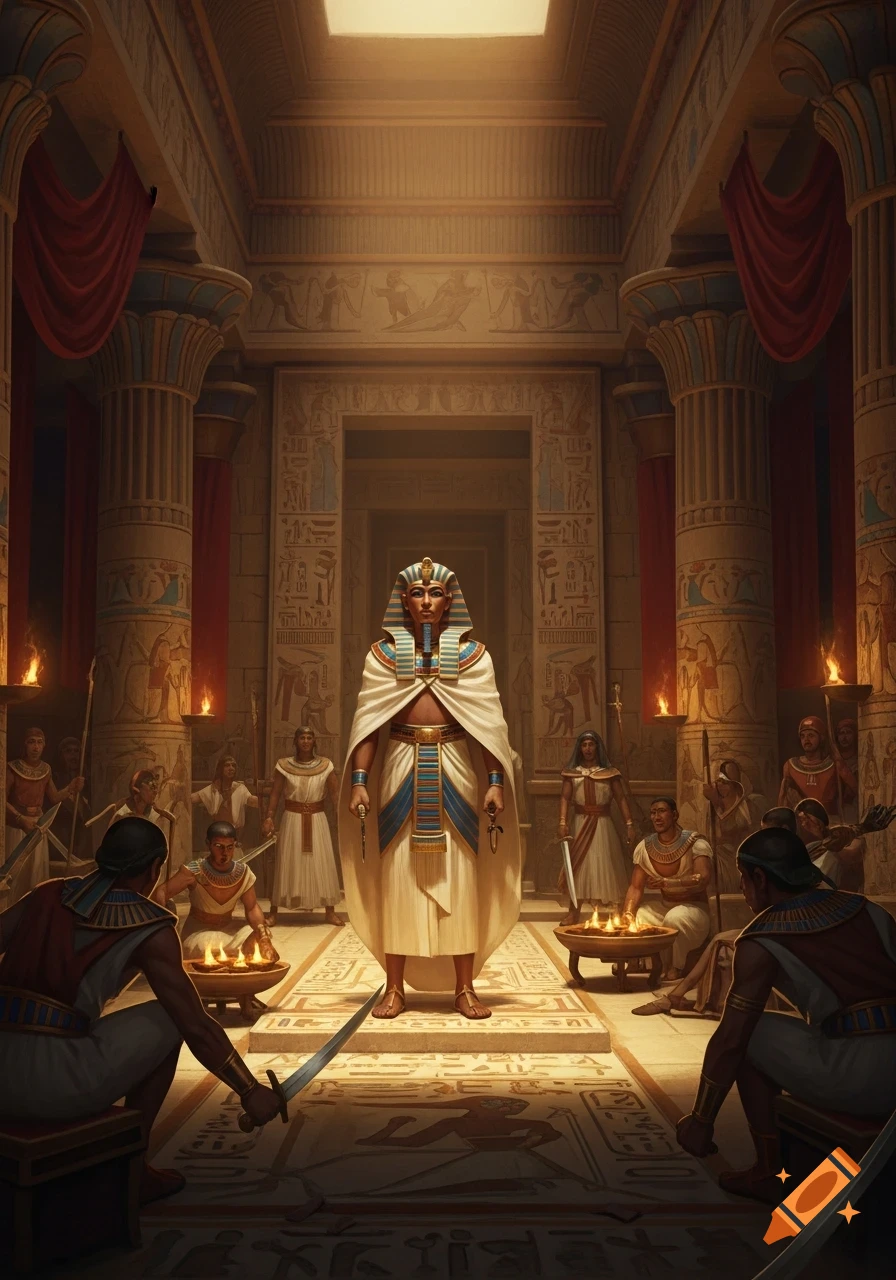 Pharaoh Akhenaton stands in a grand Egyptian palace, surrounded by armed figures, in a dramatic, detailed illustration.