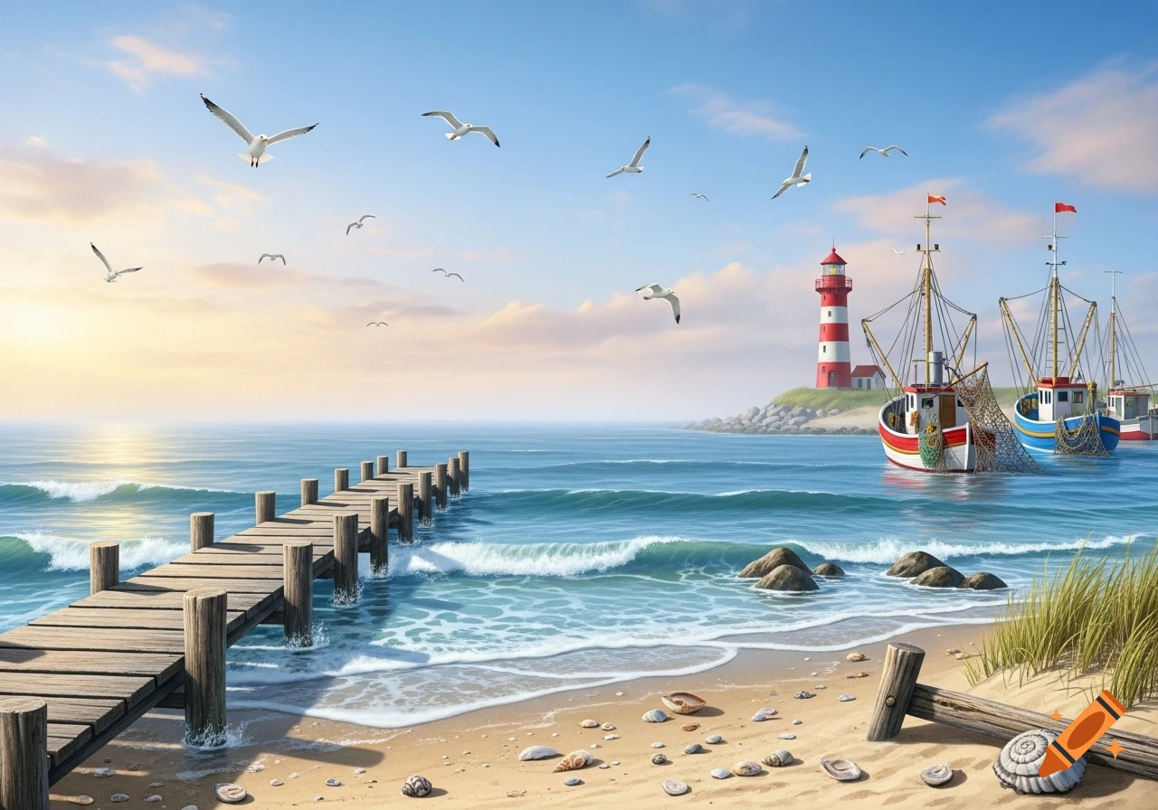 A vibrant seascape with a wooden pier, sandy beach with seashells, a red and white lighthouse, and fishing boats under a bright sky with seagulls.