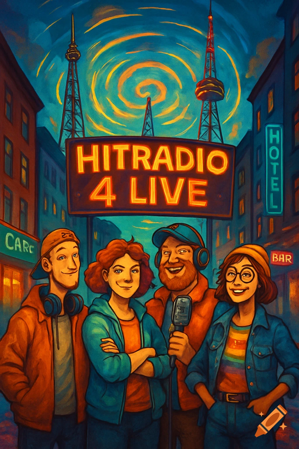 Four smiling cartoon people stand in a vibrant city street under a "HITRADIO 4 LIVE" sign, with radio towers and a swirling sky in the background.