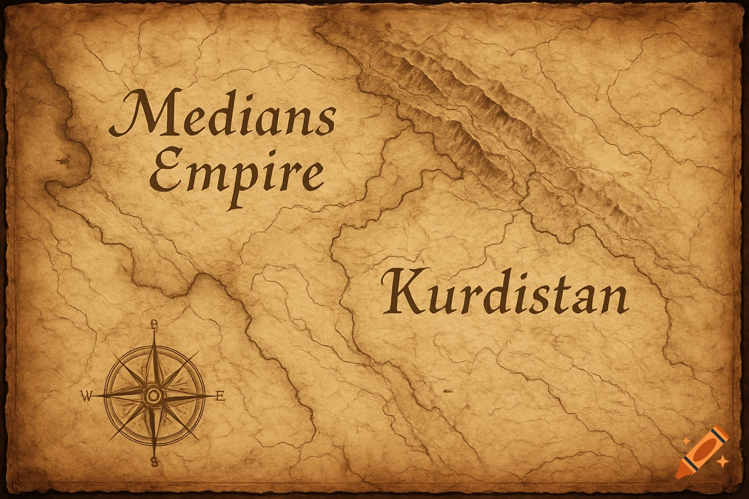 An old-style map on aged paper showing 'Medians Empire' and 'Kurdistan', with a compass rose and textured borders.