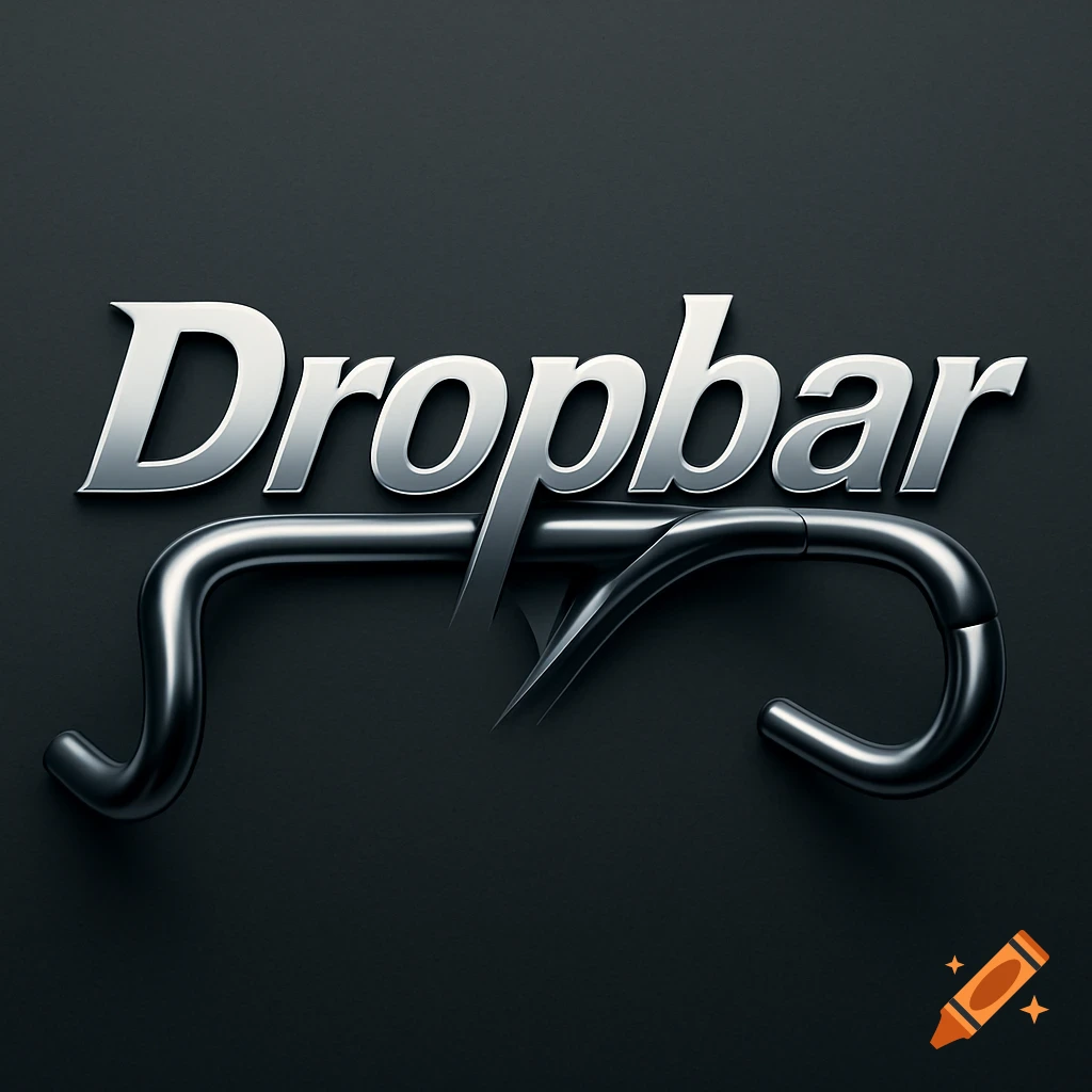 A metallic silver 3D rendering of the word 'Dropbar' with a dark gray bicycle drop handlebar forming the bottom part, on a dark background.