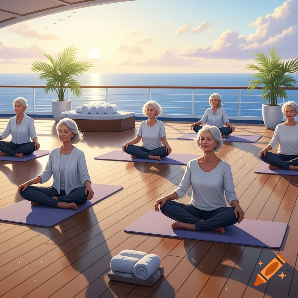 Six elderly women practice mindfulness on yoga mats on a cruise ship deck at sunrise with the ocean in the background.