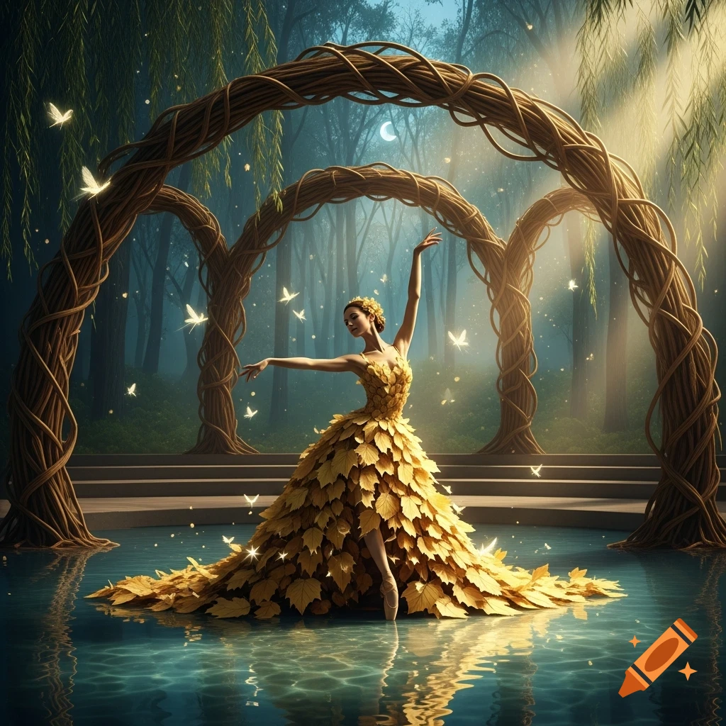 A woman in a golden leaf dress dances en pointe in a mystical forest with glowing butterflies and willow trees reflected in still water.