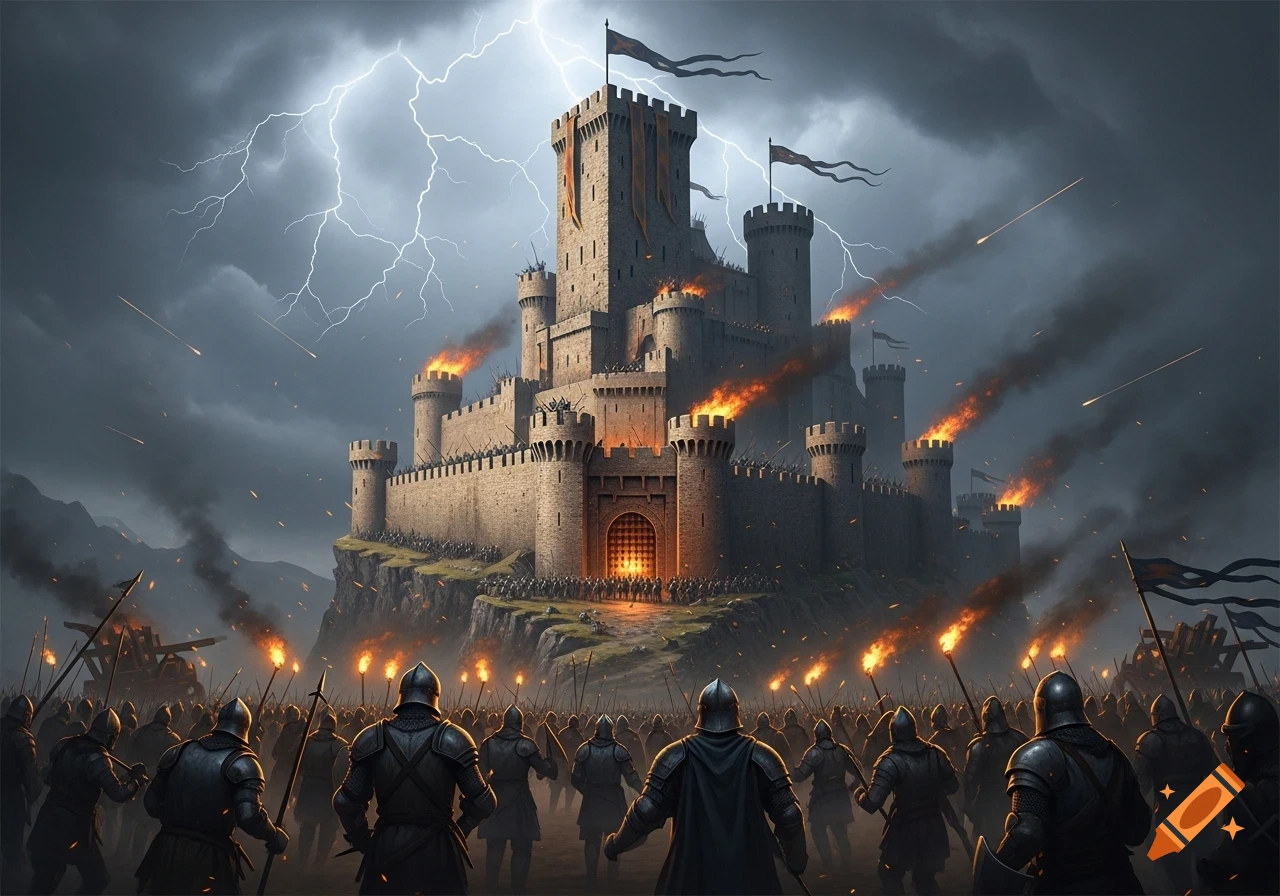 A dramatic image of a fortified medieval castle under siege, illuminated by lightning and fire, as an army of knights advances.