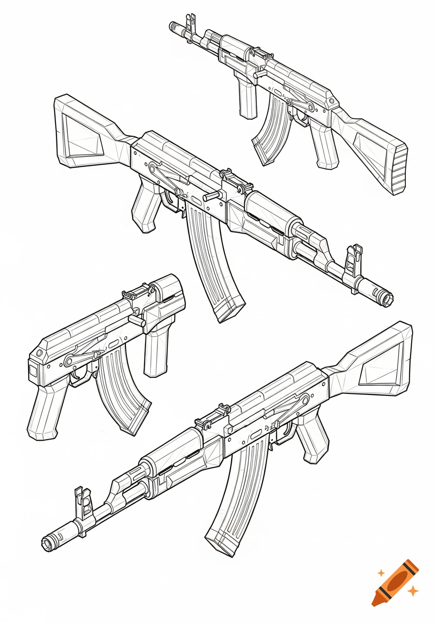 Line art sketches of four AK-47 assault rifles from multiple isometric angles on a white background, in a low-poly style.