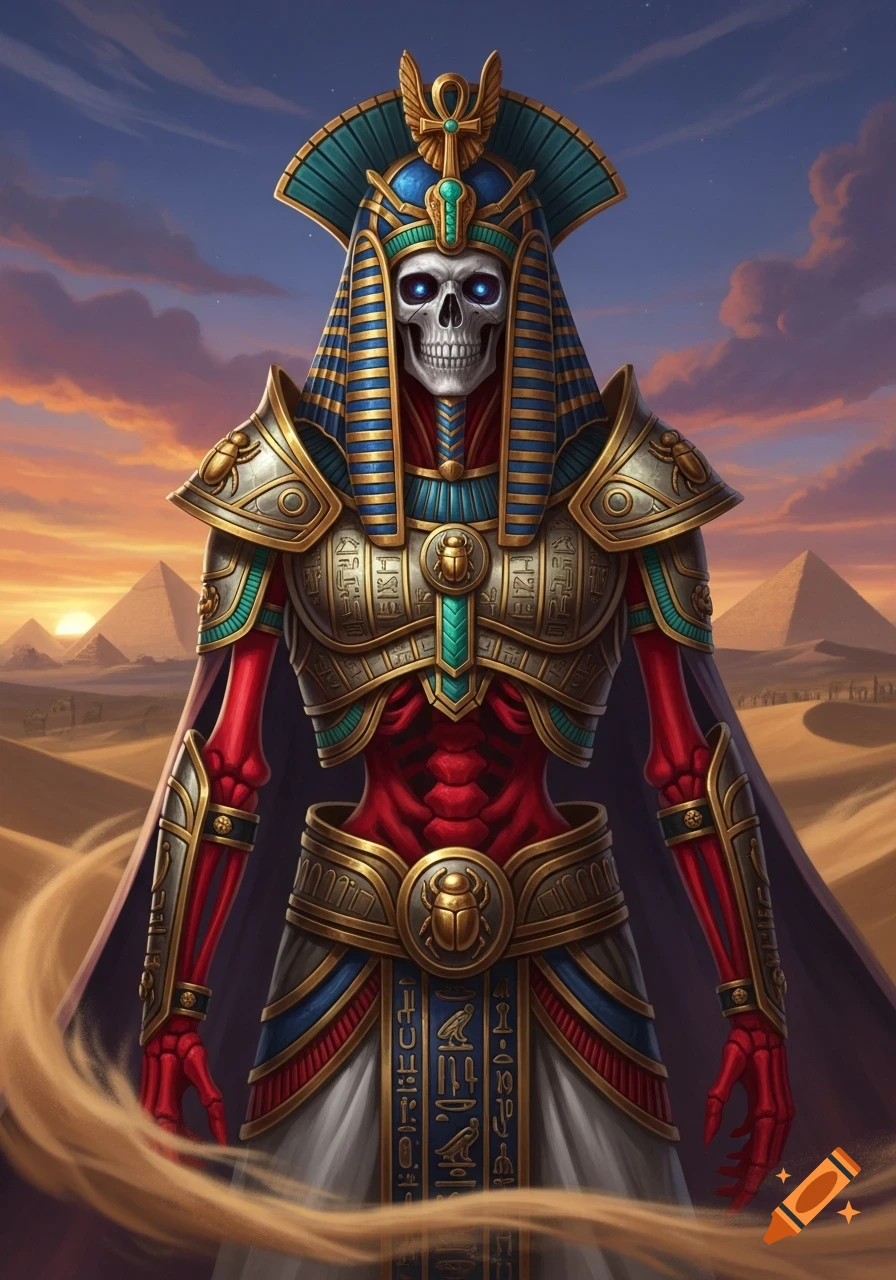 A stylized skeleton with glowing blue eyes, adorned in elaborate gold, blue, and red Egyptian pharaoh-style armor, stands in a desert with pyramids under a sunset.