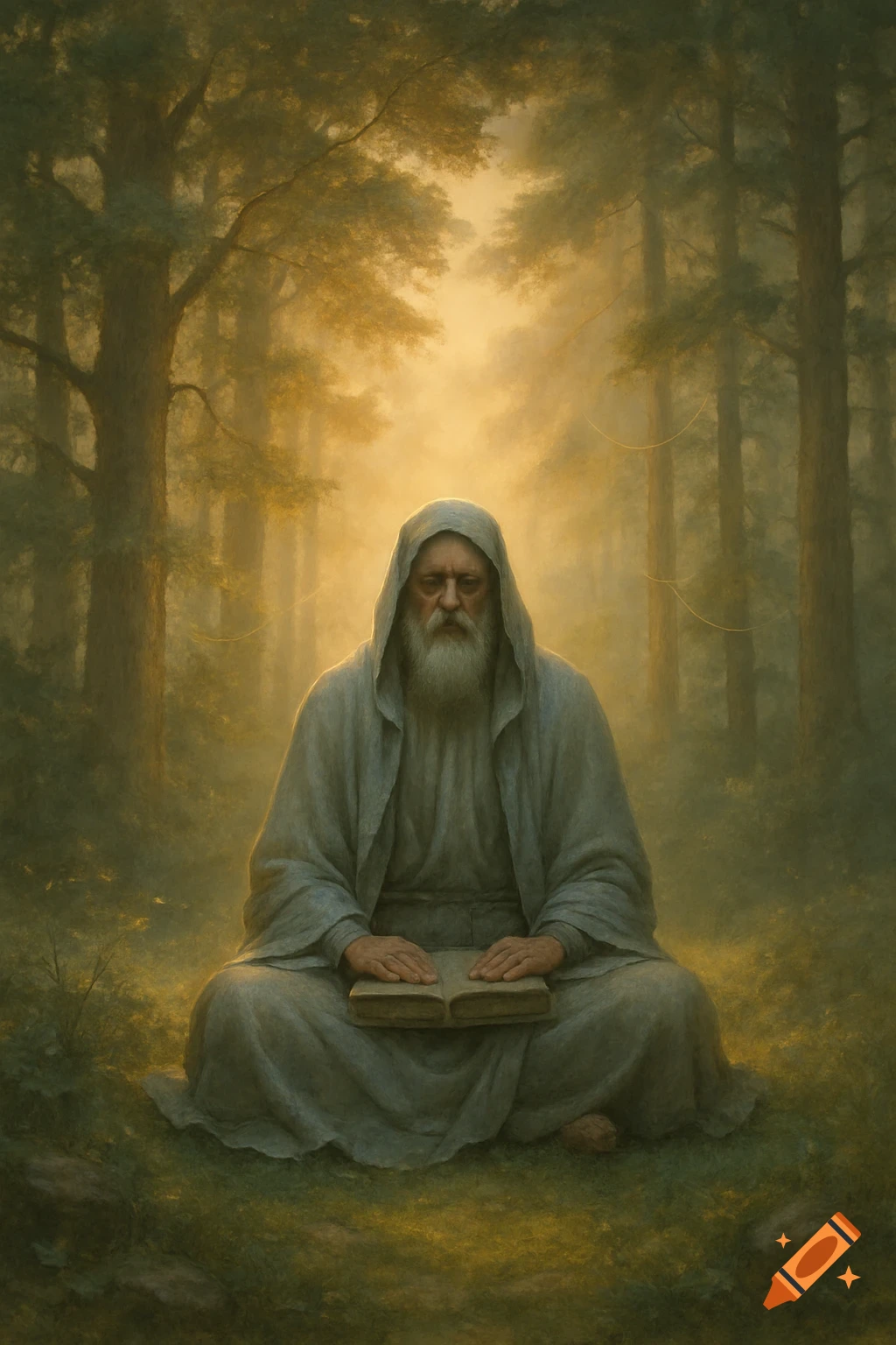 An old man with a long white beard, wearing a hooded robe, sits cross-legged holding an open book in a sunlit, misty forest.