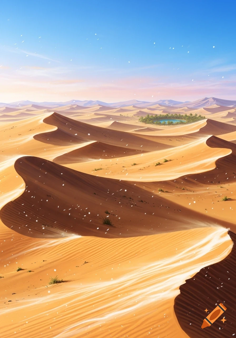 A vibrant desert landscape with rolling sand dunes, a distant green oasis with a lake, under a bright blue sky with white specks blowing across the sand.
