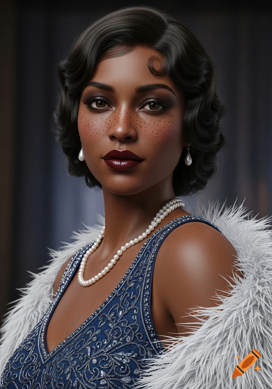 Hyperrealistic portrait of a woman in 1920s fashion, with finger waves, pearl necklace, and a white feather boa.