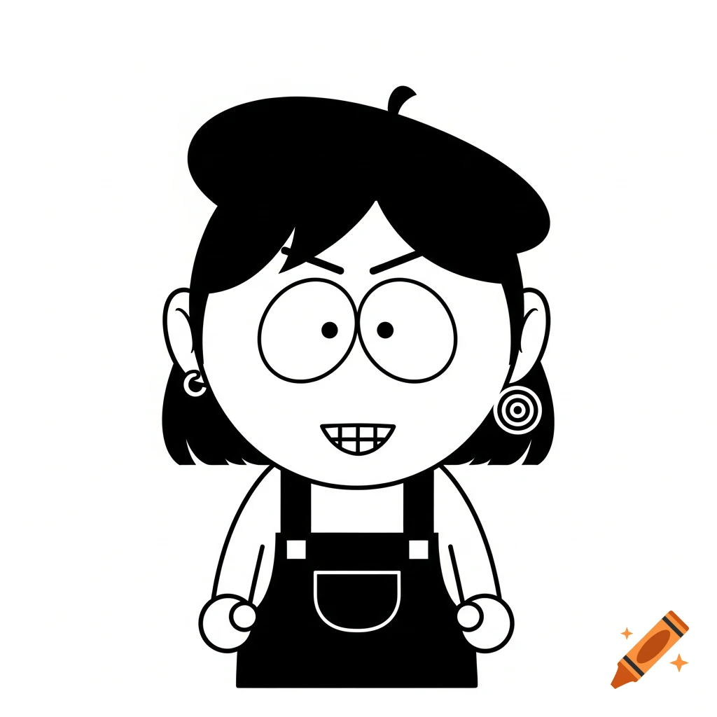 A minimalist black and white cartoon character with short black hair and a beret, wearing overalls, smiling.