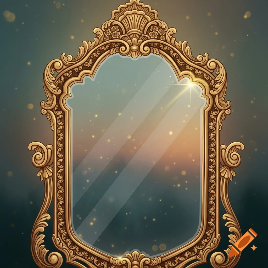 An ornate golden mirror with an elaborate frame, reflecting warm and cool hues, with sparkling light effects in a drawn style.