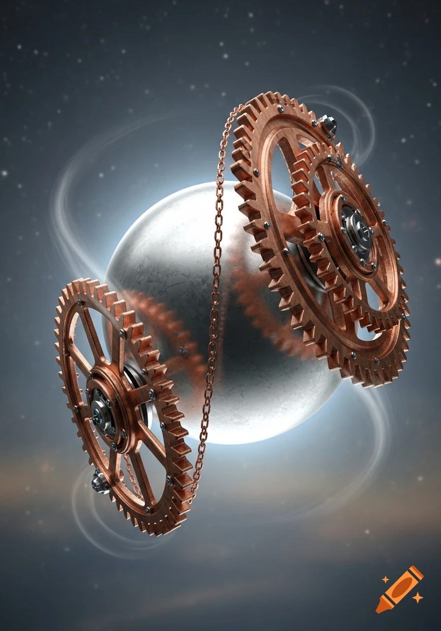 Two copper gears linked by chains orbit a luminous silver orb in a starry, cosmic setting. Digital art.