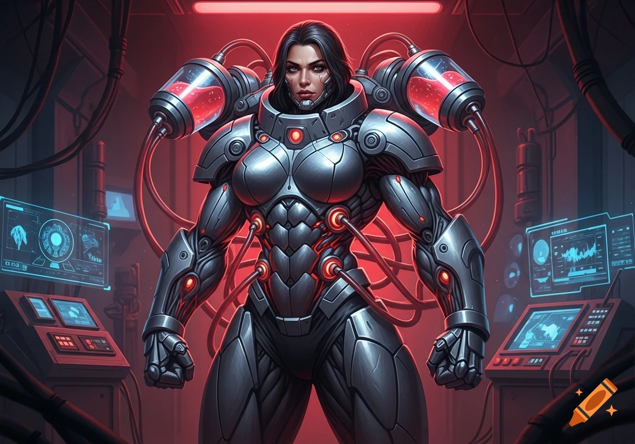 A powerful female cyborg in a metallic suit with glowing red tubes and mutagen tanks on her shoulders, standing in a futuristic lab.