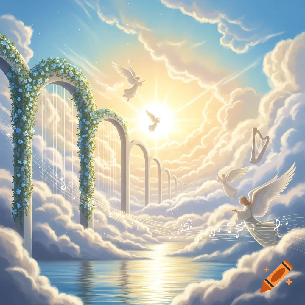 A serene, ethereal scene of heaven with white-winged angels flying amidst sunlit clouds, flowing musical notes, and floral arches over reflective water.