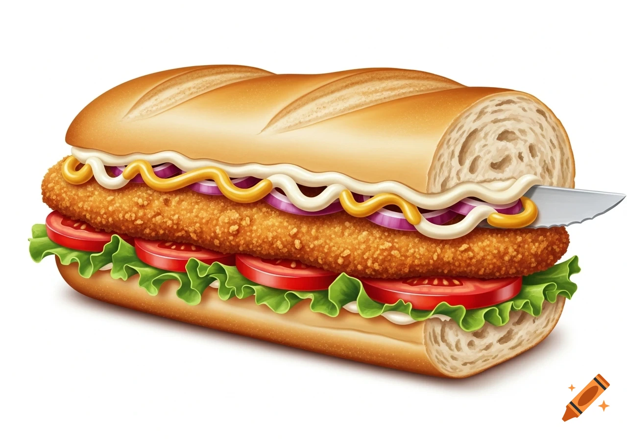 Illustrative depiction of a large milanesa sandwich with lettuce, tomato, onion, mayo, and mustard, with a knife in its side, on a white background.