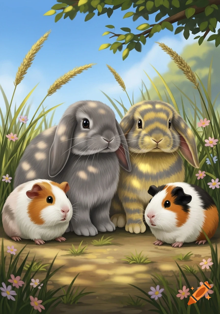 Two rabbits and two guinea pigs sit in a grassy field with small flowers, under a blue sky and green leaves in an illustration.