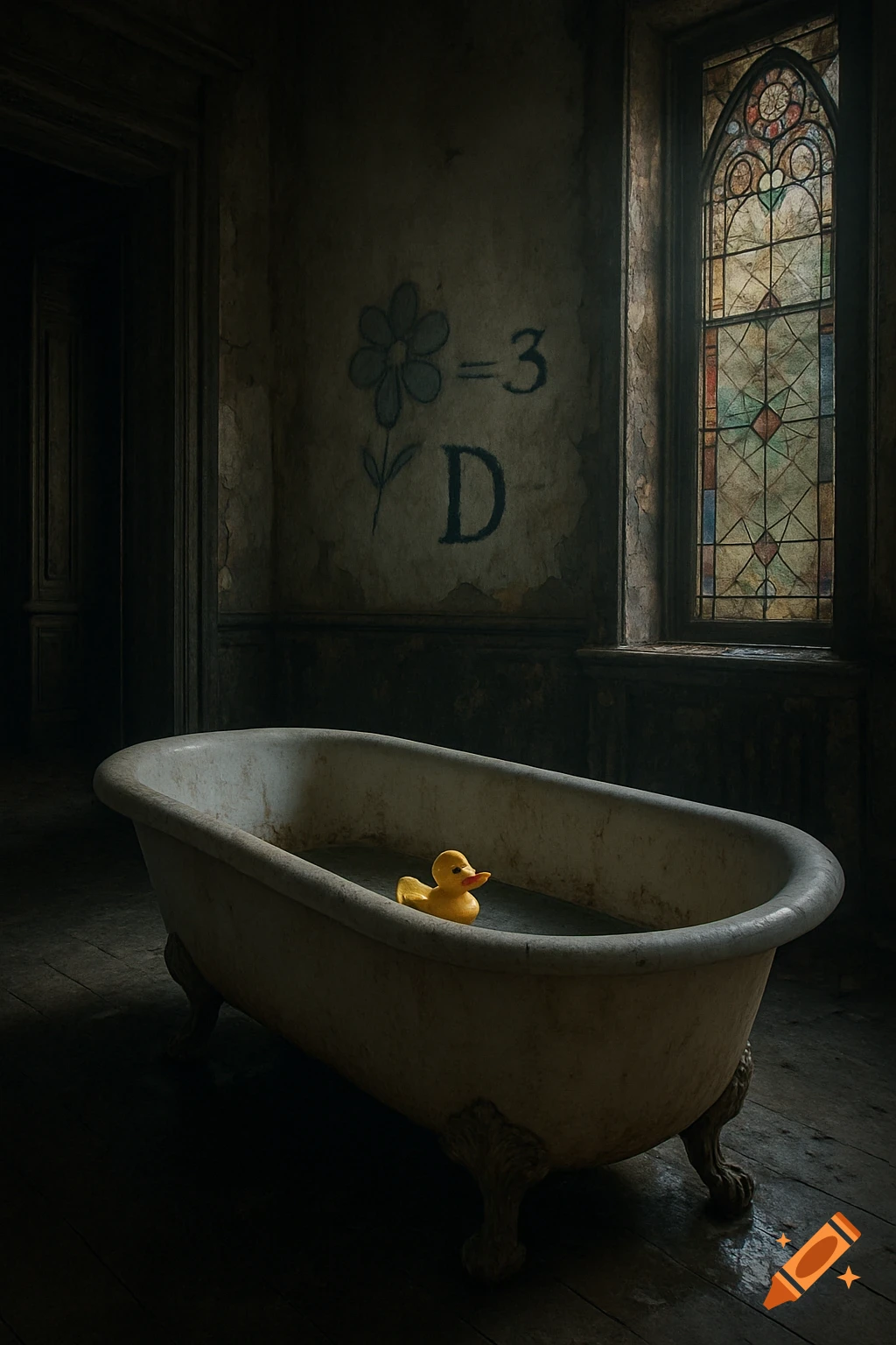 A lone yellow rubber duck floats in a dirty clawfoot bathtub in a dark, abandoned mansion bathroom with graffiti and a stained-glass window.