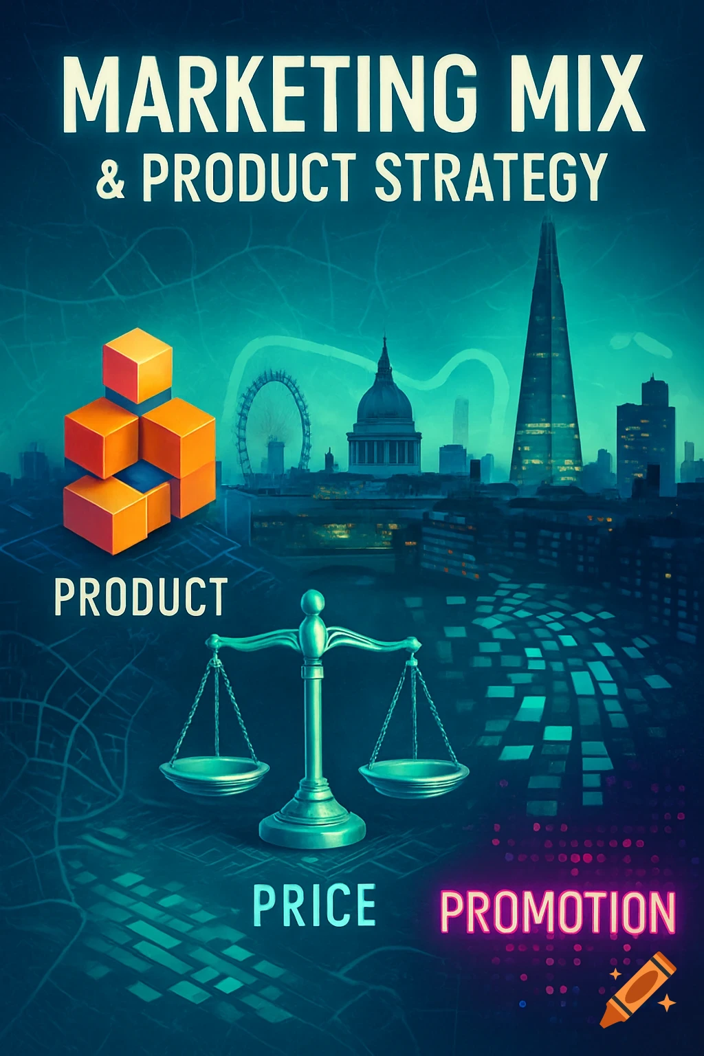 Marketing Mix & Product Strategy poster with product cubes, a balance scale for price, and promotion text over a stylized blue cityscape.