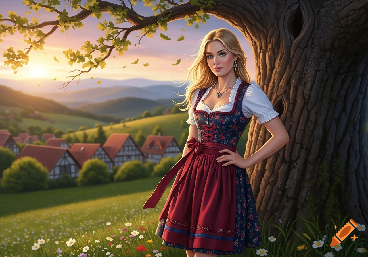 A blonde woman in a dirndl stands by a large tree in a vibrant meadow with a village and sunset in the background.