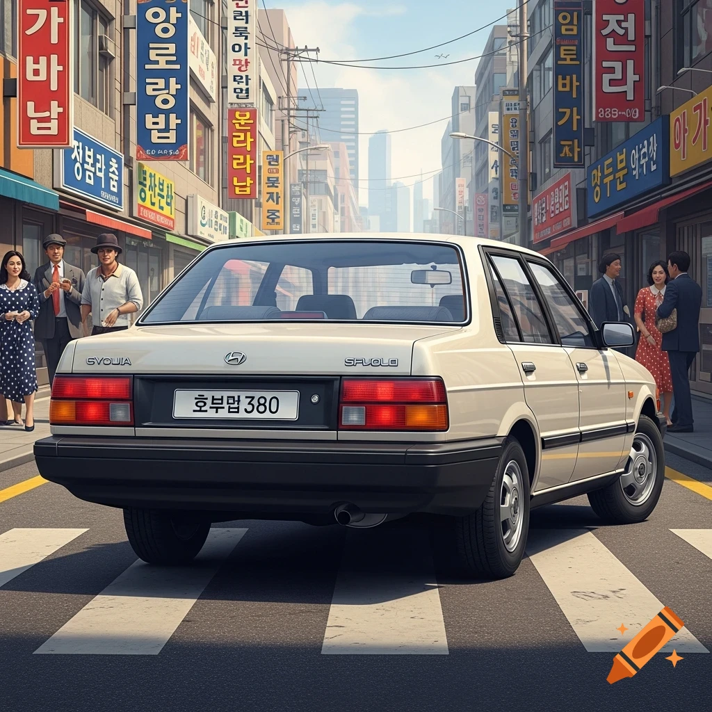 Rear view of a beige 1980s sedan, labeled "SYOUIA" and "SFUOLD," with a Korean license plate "호부멉 380," parked on a zebra crossing in a bustling Seoul street with blurred Korean signs and pedestrians.