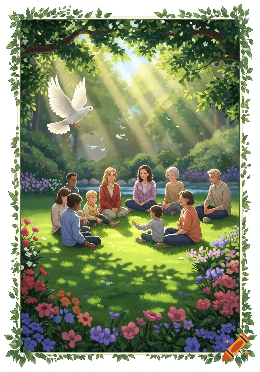An illustration of a diverse group of adults and children sitting in a circle on grass in a sun-dappled park with a dove flying above.