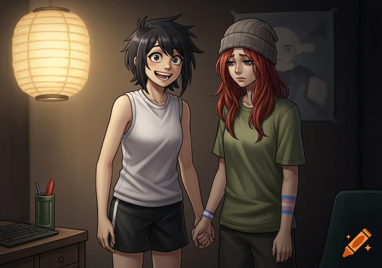 Two anime-style women hold hands in a dimly lit room. One with black messy hair in a white tank top smiles happily. The other with long red hair wears a gray beanie, a green t-shirt, and a trans pride bracelet, looking sad.