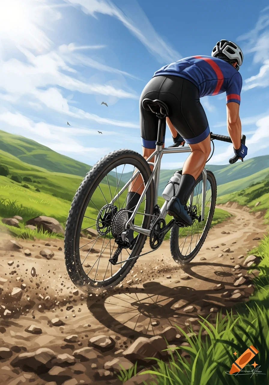 A cyclist in blue and red jersey rides a gravel bike on a dirt path through green hills under a bright blue sky.