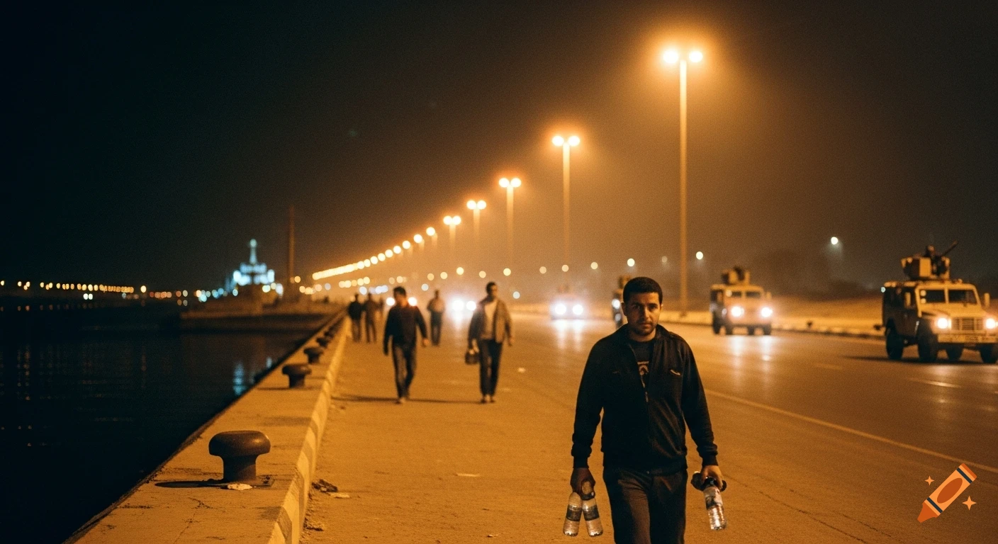 A man walks on a waterfront road at night, holding water bottles, with distant military vehicles and pedestrians under warm streetlights. Cinematic, grainy photo.