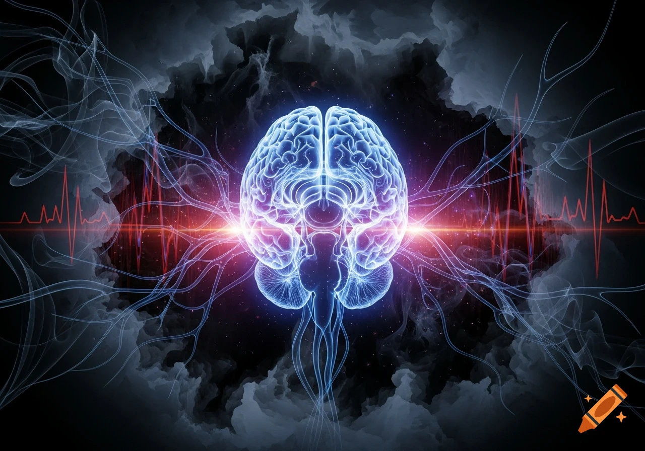 Glowing blue human brain with neural connections and a red heartbeat line against a dark, cloudy, starry background.