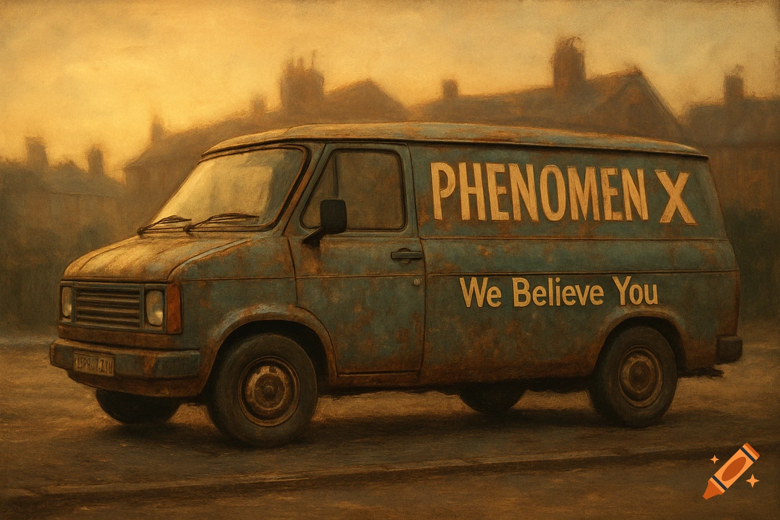 An old, teal, battered van with 'PHENOMEN X' and 'We Believe You' painted on its side, in a painterly style.