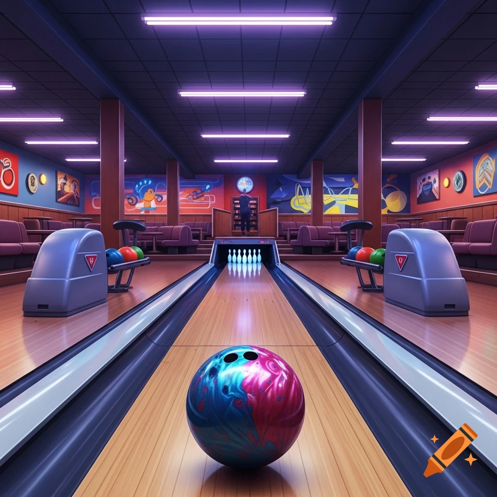 A vibrant, neon-lit bowling alley with a colorful bowling ball on the lane, pins set, and seating areas along the sides.