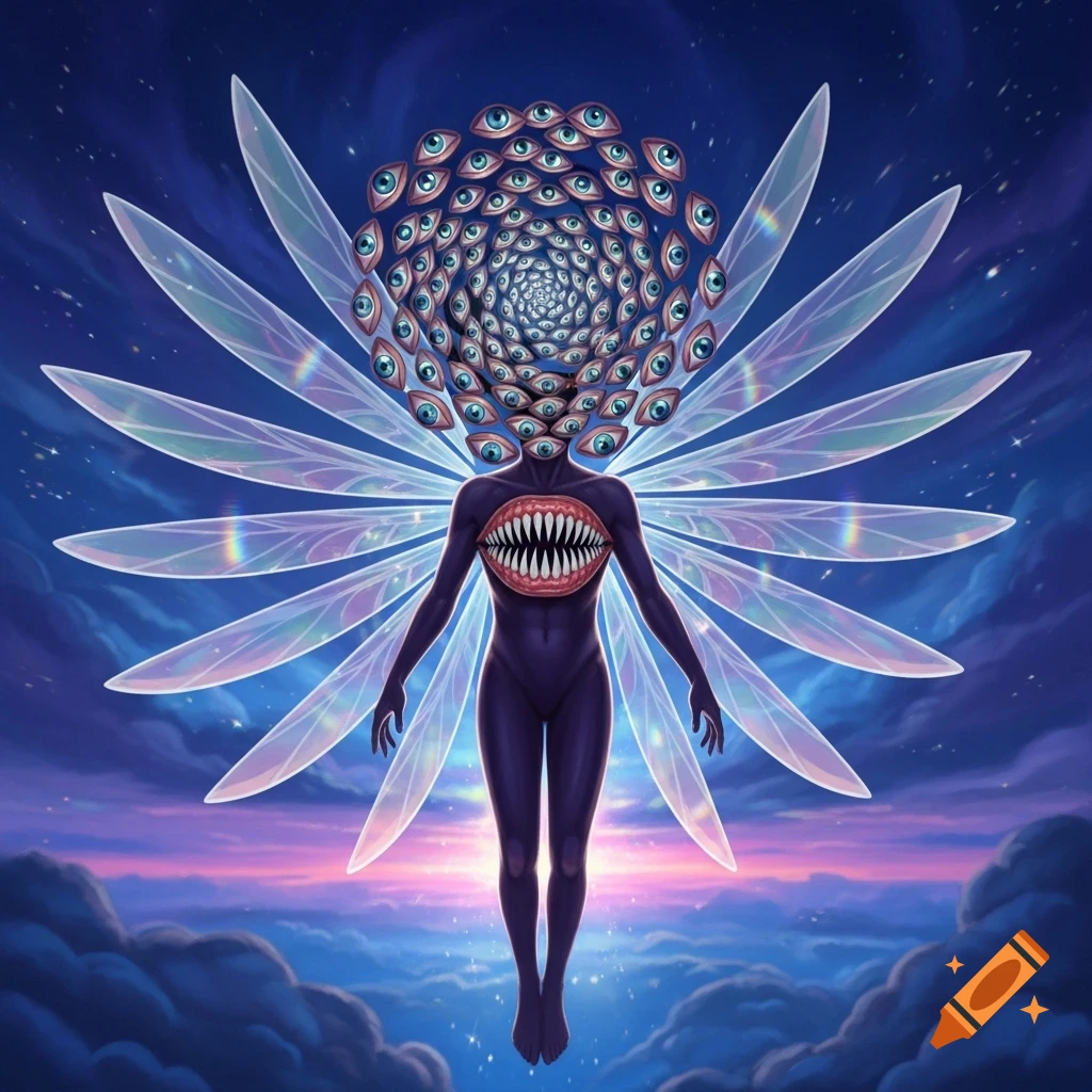 A dark humanoid figure with a head covered in spiraling eyes and a mouth full of sharp teeth, floats with translucent wings in a twilight sky.