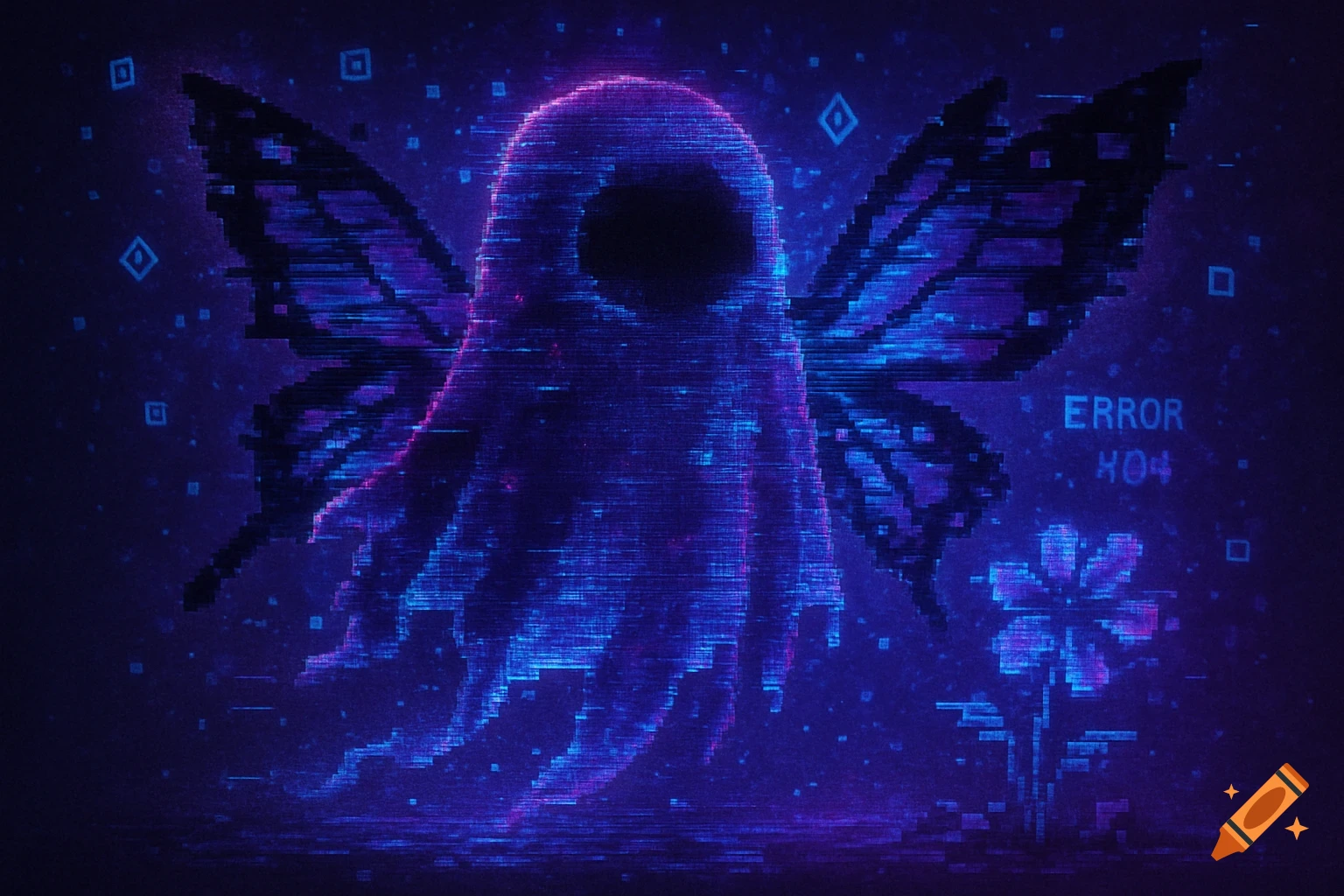 A pixelated, glitchy blue-purple ghost with butterfly wings floats in a dark digital space with an 'ERROR 404' message and a glitch flower.
