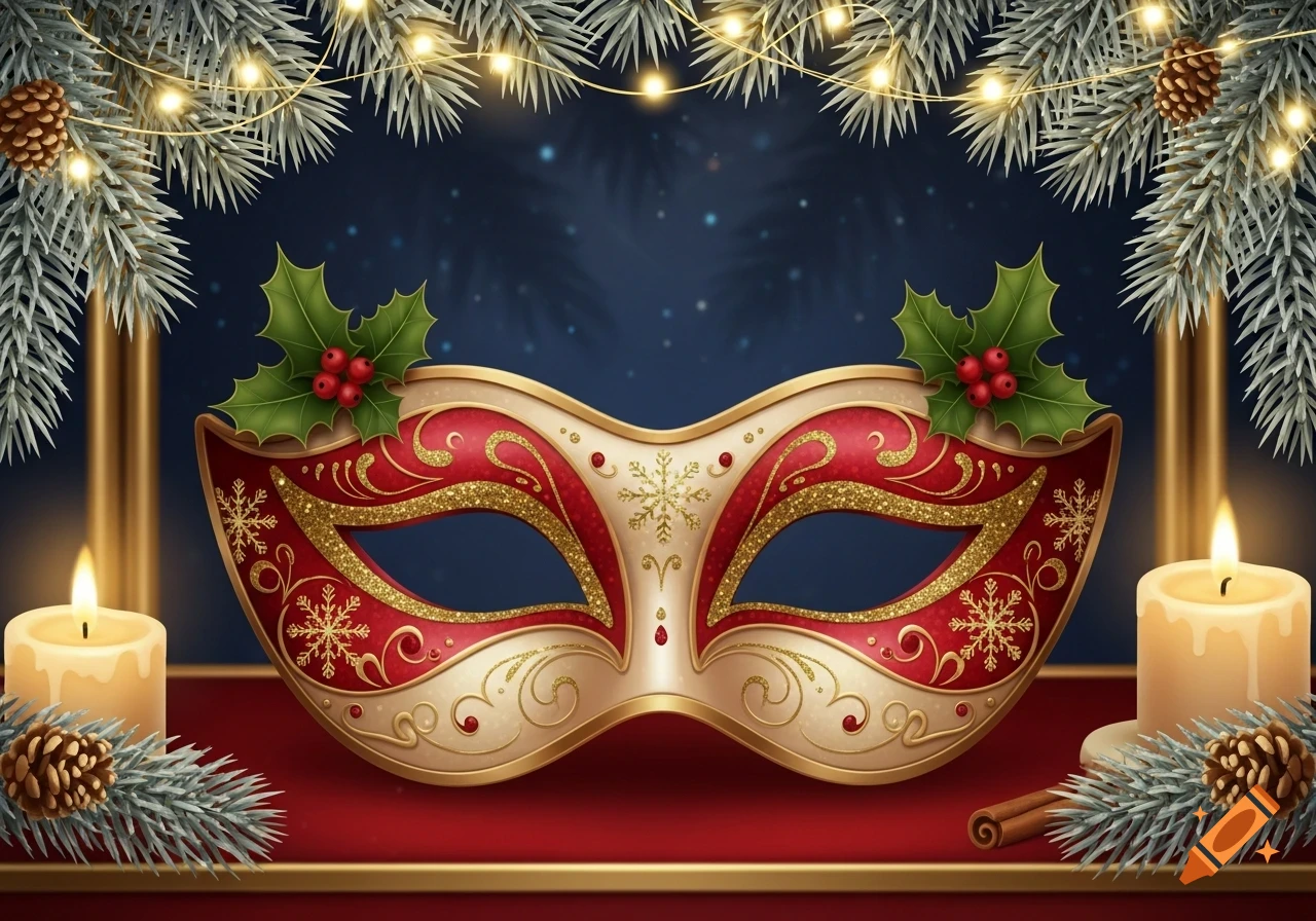 A red and gold ornate mask decorated with holly and snowflakes, surrounded by festive Christmas fir branches, pinecones, string lights, and candles against a dark blue background.