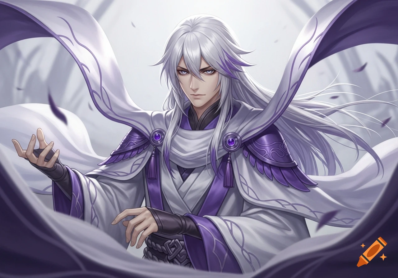 Male anime character with long white and purple hair, silver eyes, wearing a white and purple ornate flowing robe and cloak.