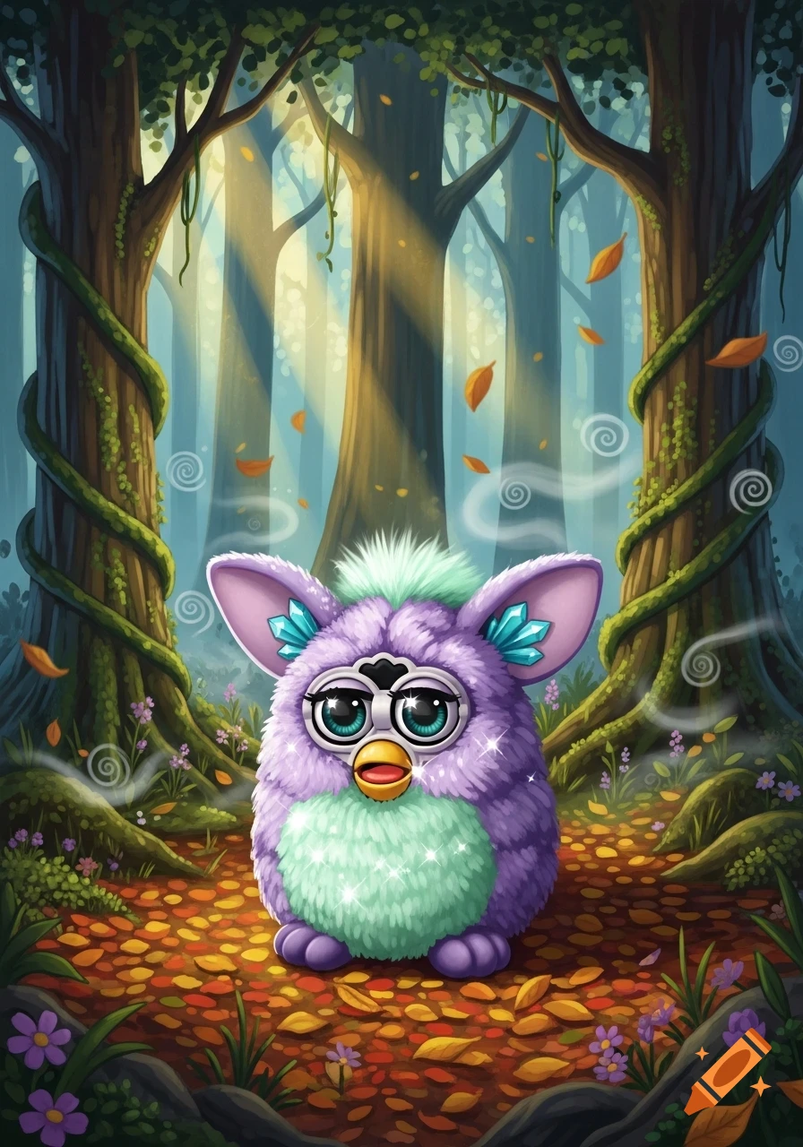 A fluffy, purple and mint green Furby-like creature with big eyes stands in a magical forest with sun rays, stylized art.