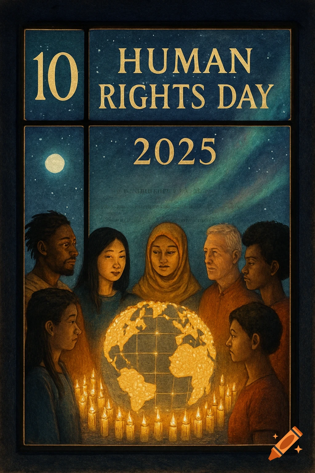 A diverse group gathers around a glowing globe and candles under a night sky with aurora, with '10 HUMAN RIGHTS DAY 2025' text.