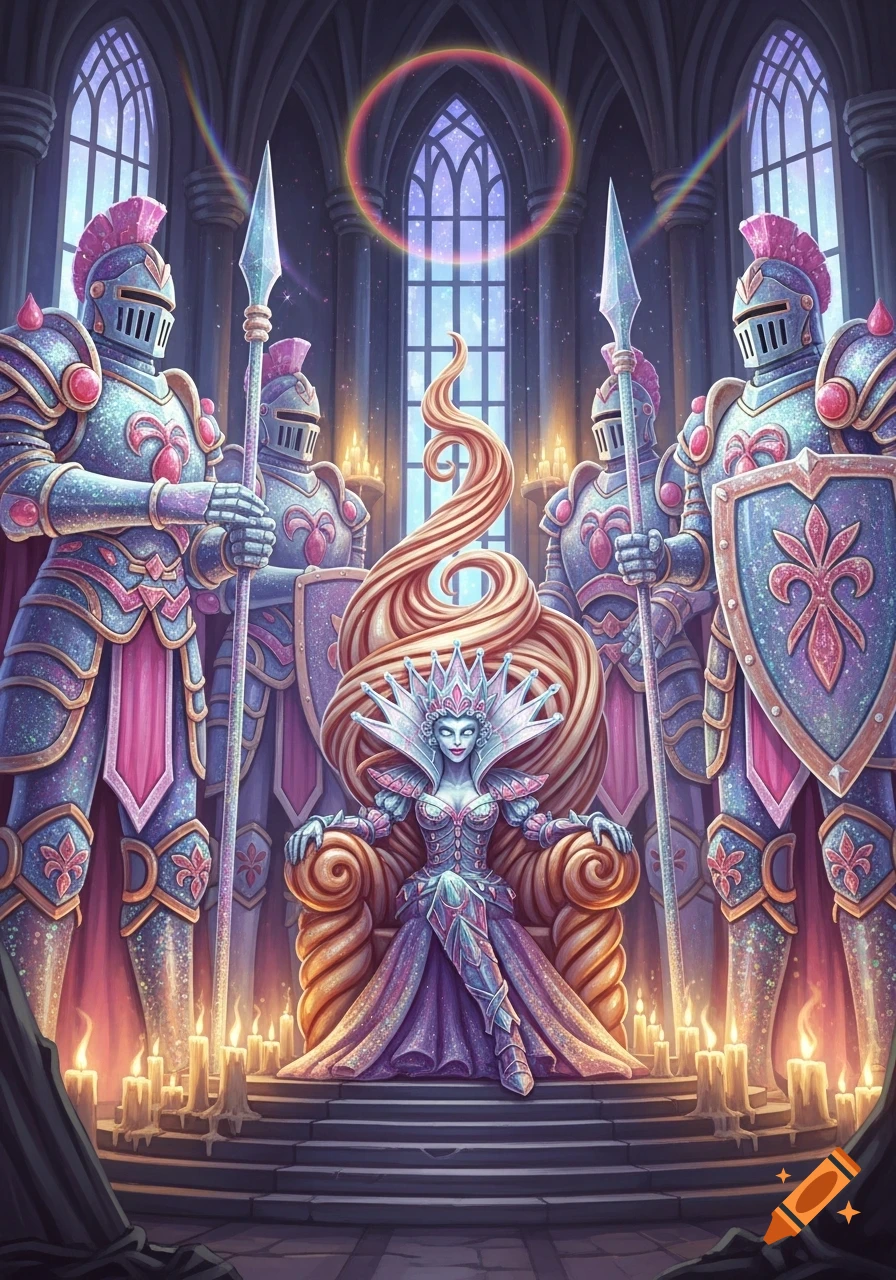 A stylized evil sugar plum queen on a throne, surrounded by large, sparkly sugar D&D guards in a gothic hall with glowing windows.