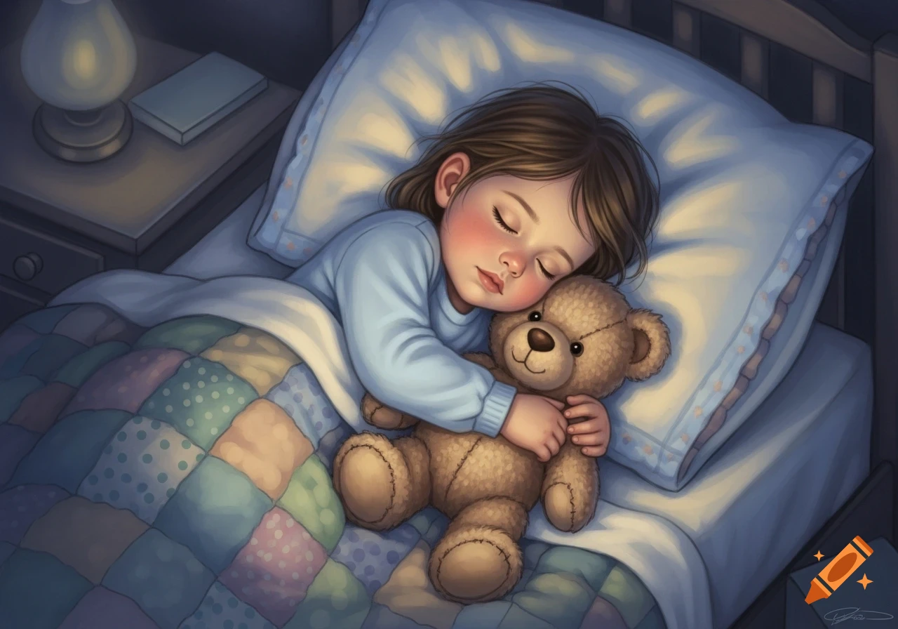 An illustration of a young child with brown hair sleeping soundly in bed, hugging a brown teddy bear under a patchwork quilt.