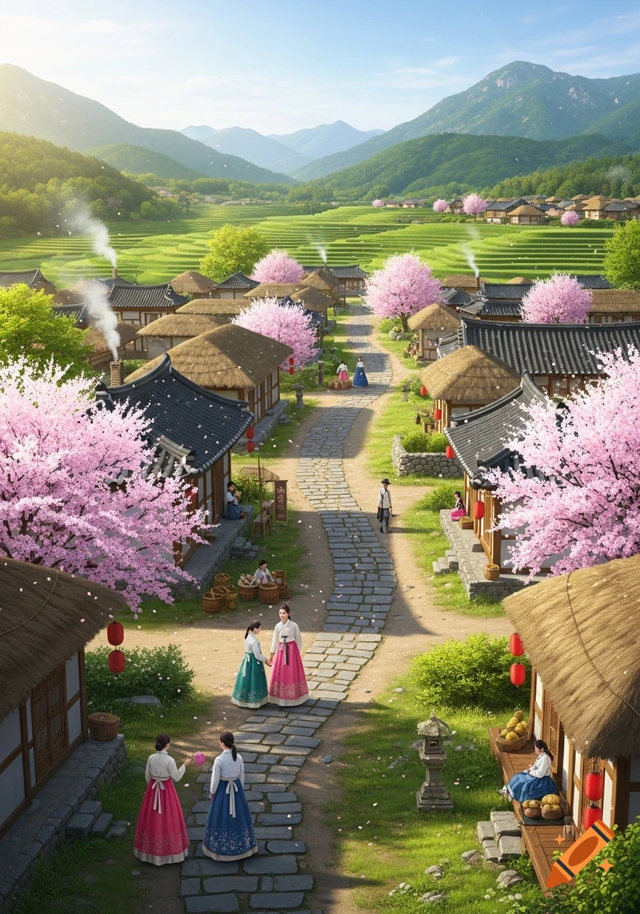 Traditional Korean village with people in hanbok, cherry blossoms, and rice paddies extending to mountains under a sunny sky.