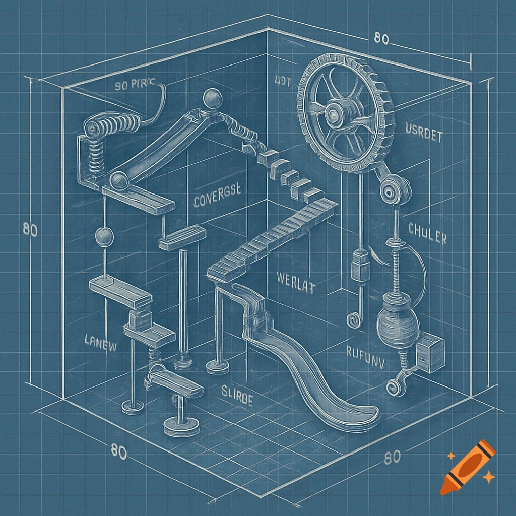 An isometric blueprint illustration of a complex Rube Goldberg machine on a grid paper background.