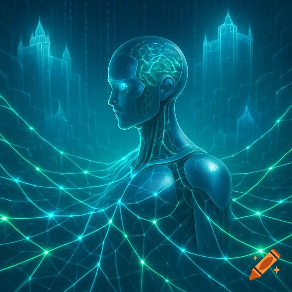 A glowing, translucent human figure with a visible brain is connected by green network lines, set against a futuristic blue cityscape.