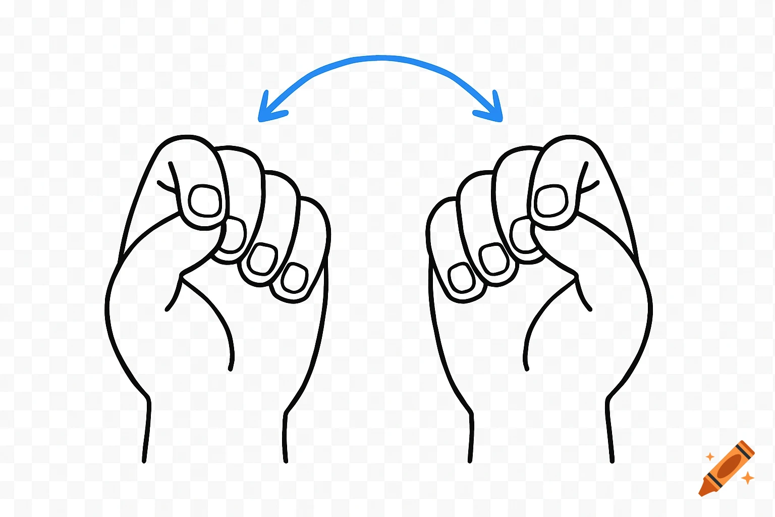 Minimalist black line drawing of two hands with curled fingers and a blue curved arrow pointing between them.