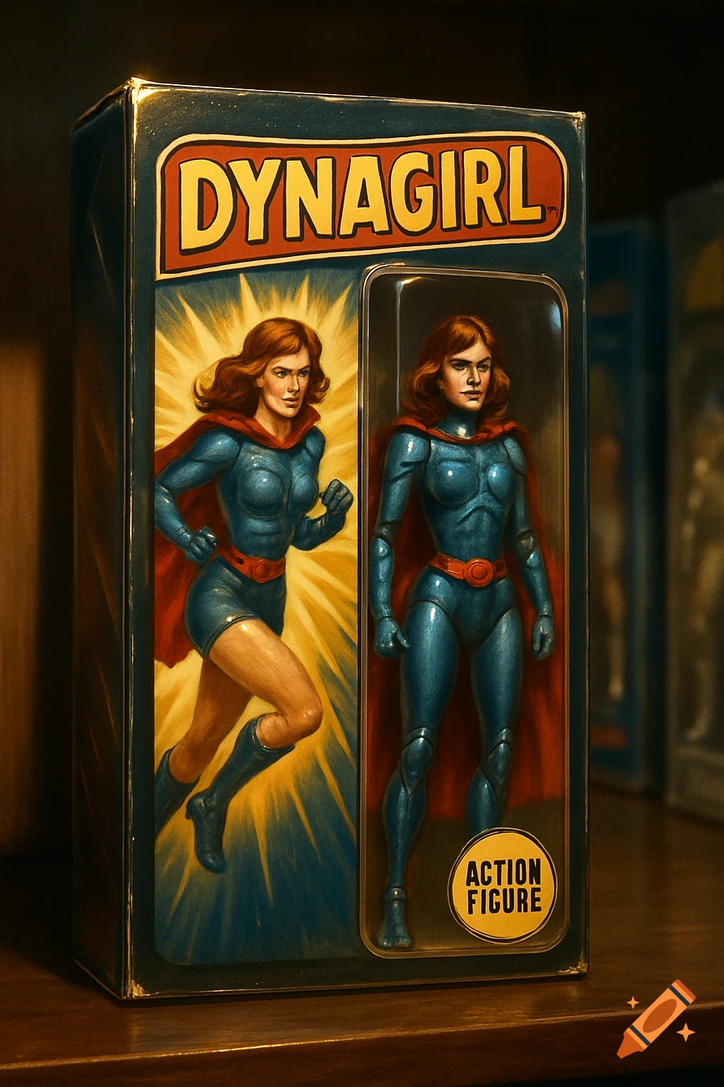 A retro-style Dynagirl superhero action figure still in its box.